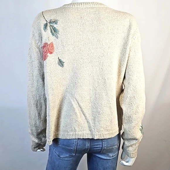 VTG Monterey by Koret Linen Cotton Knit Cream Cardigan w Embroidered Leaf Motif - Picture 10 of 16